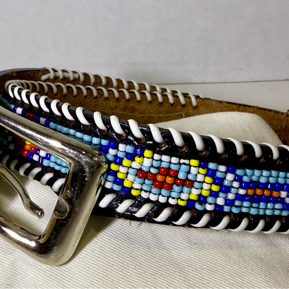 Vintage Native American Inspired Beaded Belt - Black Tooled Leather Small Size